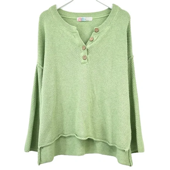 Free People FP Beach Hailee Sweater - Green Waffle Knit Slouchy Henley Top sz M - Picture 3 of 12